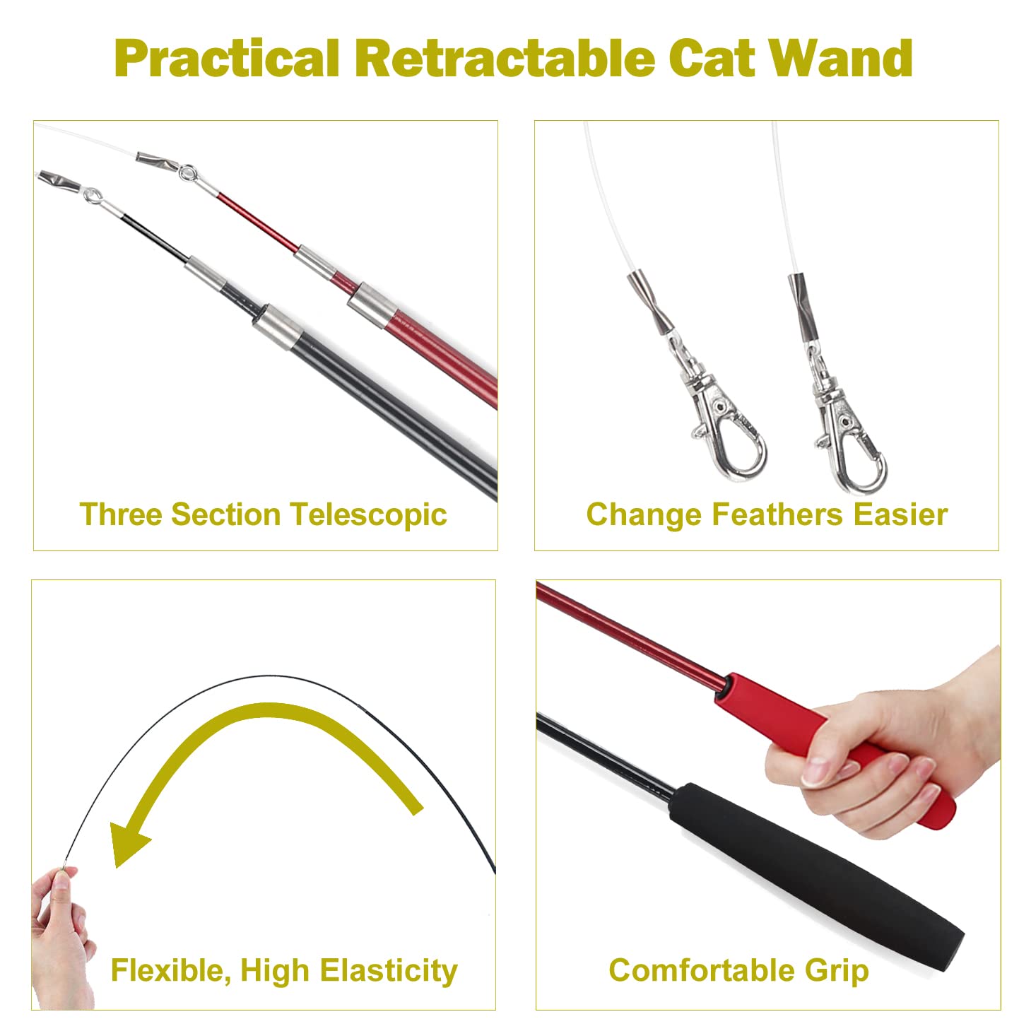 Interactive Cat Toys, Cat Feather Toy Retractable Cat Toys Wand with 2 Wands & 9 Assorted Teaser