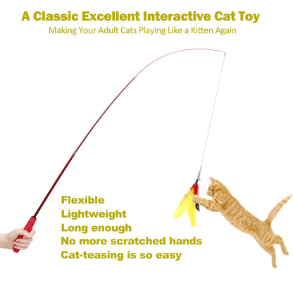 Interactive Cat Toys, Cat Feather Toy Retractable Cat Toys Wand with 2 Wands & 9 Assorted Teaser