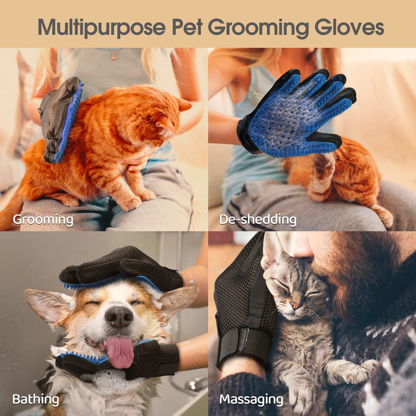 Upgrade Pet Grooming Gloves Cat Brushes for Gentle Shedding, Efficient Pets Hair Remover Mittens